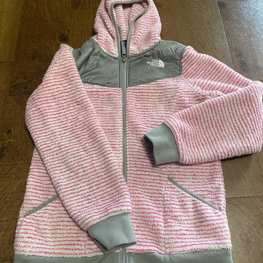 The North Face Kids Pink and Gray Striped Hoodie